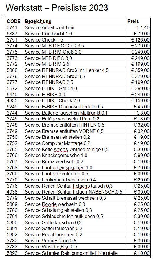 Service Preisliste 2023